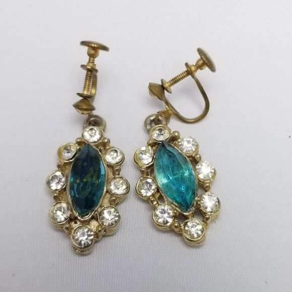 Vintage Blue Marquise Rhinestone Dangle Clip On Earrings, Gold Tone Setting - Picture 2 of 6